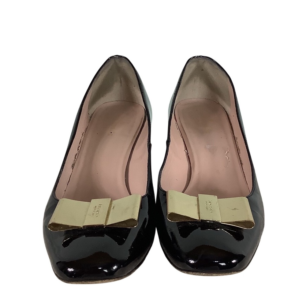 Kate Spade Black Patent Leather Bow Block Heel Pumps Made in Italy Size 9M
